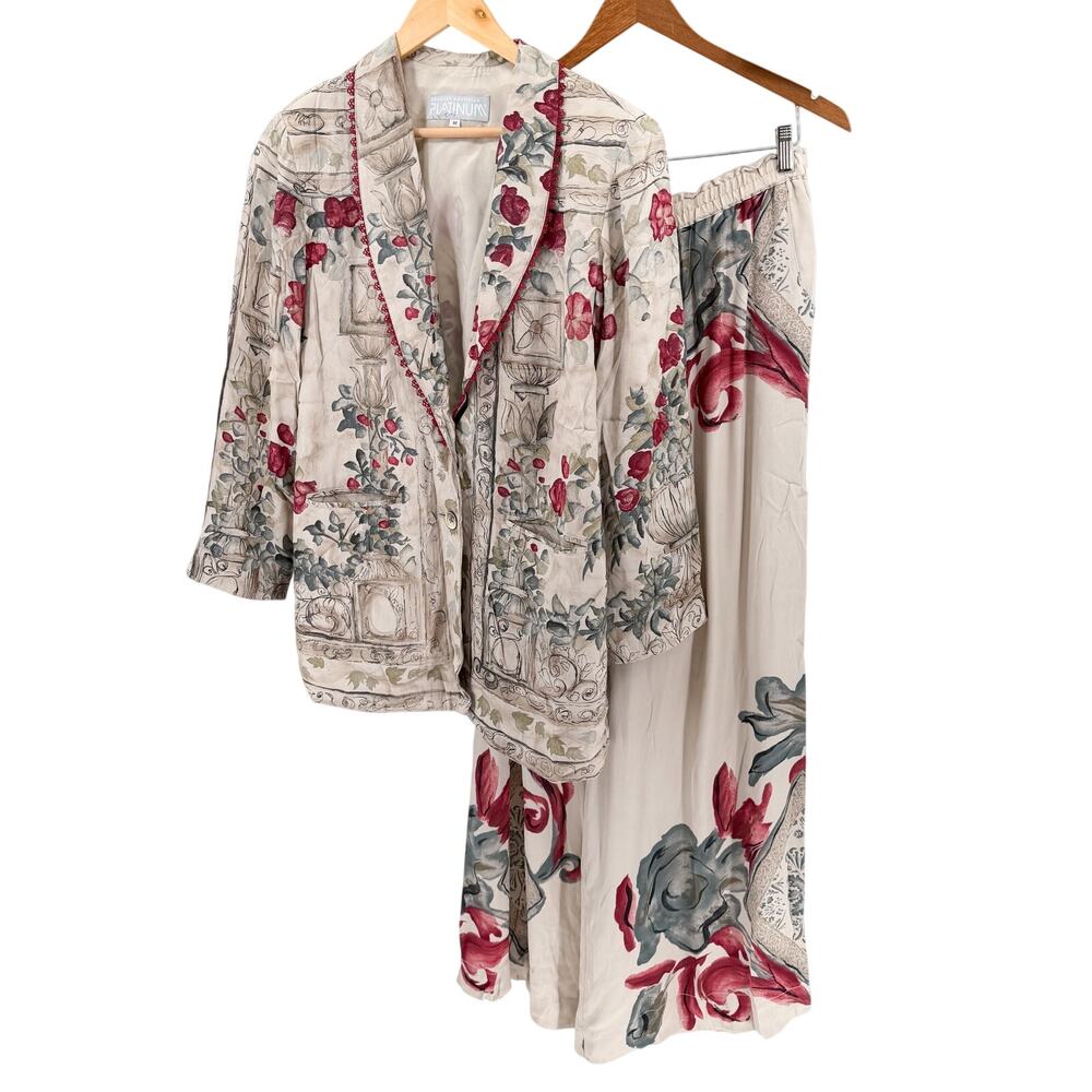 Vintage 90s Dorothy Schoelen Platinum Beige Red Floral Blazer Wide Leg Pants Set